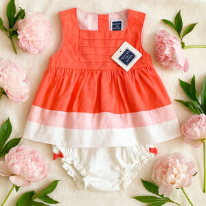 ✨ Janie and Jack Coral & Peach Baby Dress w/ Bow + Bloomers | Size 6-12M | NWT